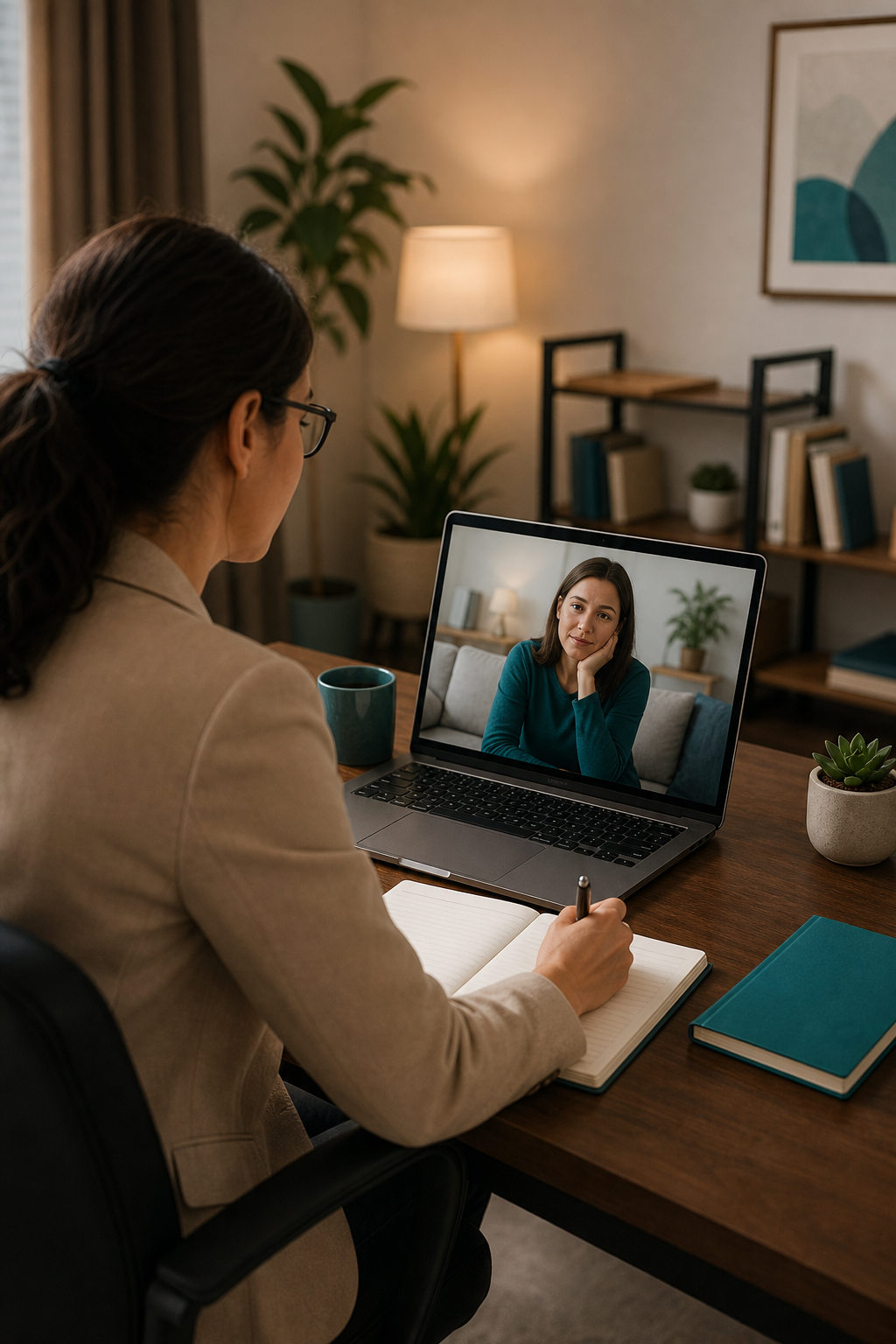 A therapist video-calling a patient from a home office, with a laptop showing telehealth session, warm lighting, and professional setting. Alt: Telehealth session with modifier 95 documentation.