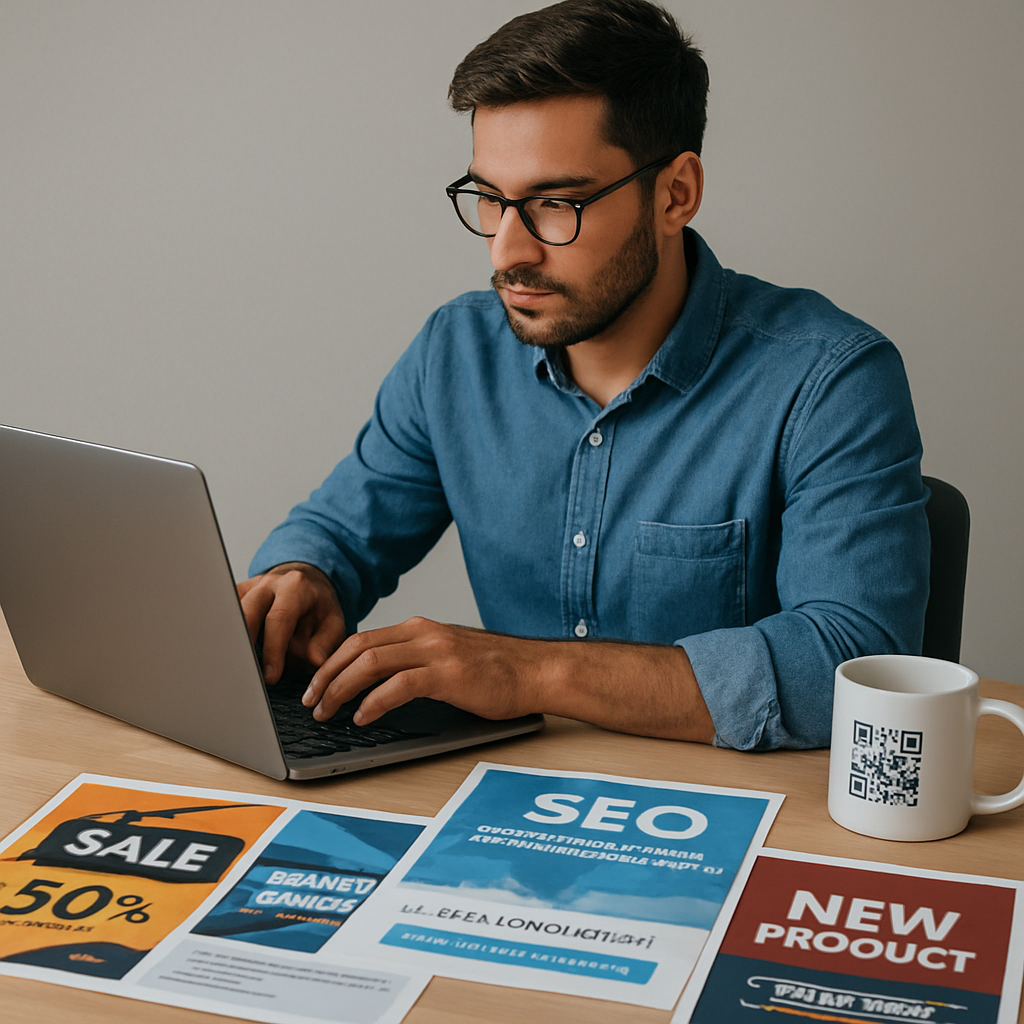 A modern digital marketer working at a laptop, surrounded by printed flyers and a QR code on a coffee mug, illustrating the blend of online SEO and offline marketing assets. Alt: SEO strategy with printed promotional materials.