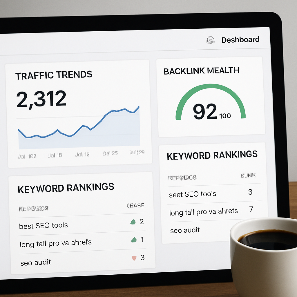 A clean dashboard screenshot showing traffic trends, backlink health, and keyword rankings, with a coffee cup on the side. Alt: Performance tracking dashboard for automated SEO platform.