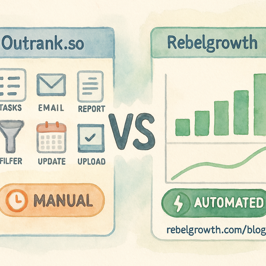 An illustration of two side‑by‑side dashboards, one cluttered with manual tasks and the other sleek and automated, highlighting the speed and ease of Rebelgrowth’s workflow. Alt: Outrank.so vs Rebelgrowth feature comparison visual.
