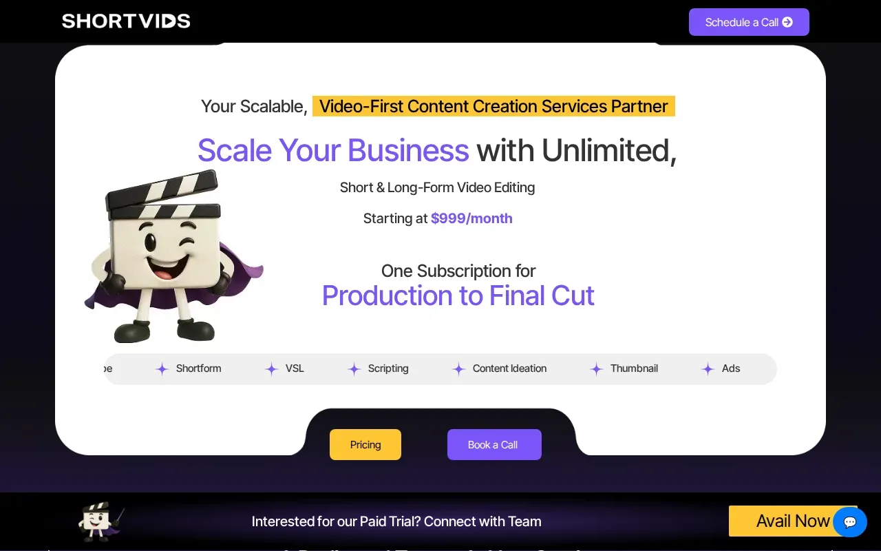 Screenshot of the ShortVids website