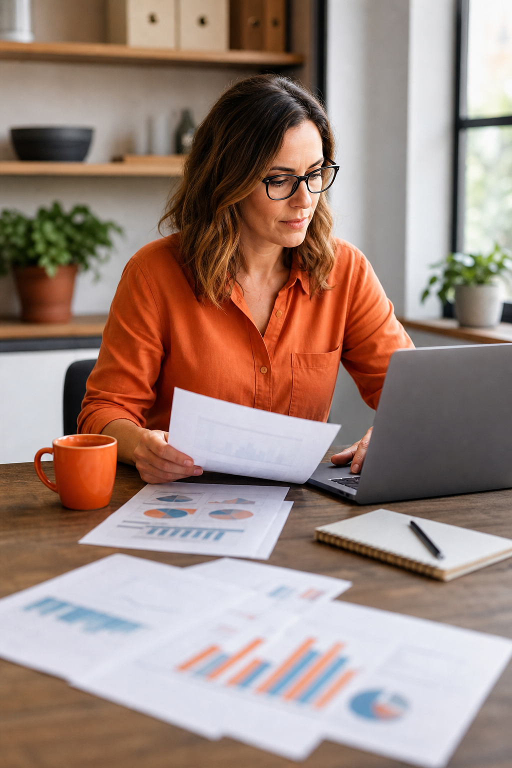 A photorealistic shot of a small business owner working on a laptop with a cup of coffee, surrounded by financial reports and a notebook. The scene is bright and organized, conveying efficiency and clarity. Alt: Small business owner reviewing financial reports with outsourced bookkeeping service