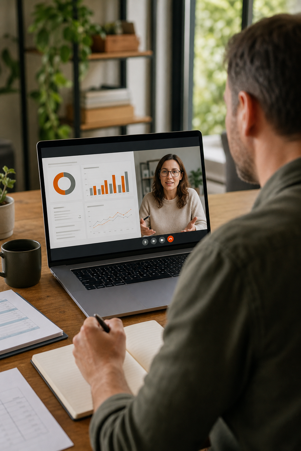 A realistic image of a virtual meeting between a small business owner and an outsourced bookkees on a computer screen. Alt: Virtual bookkeeping consultation with financial dashboard