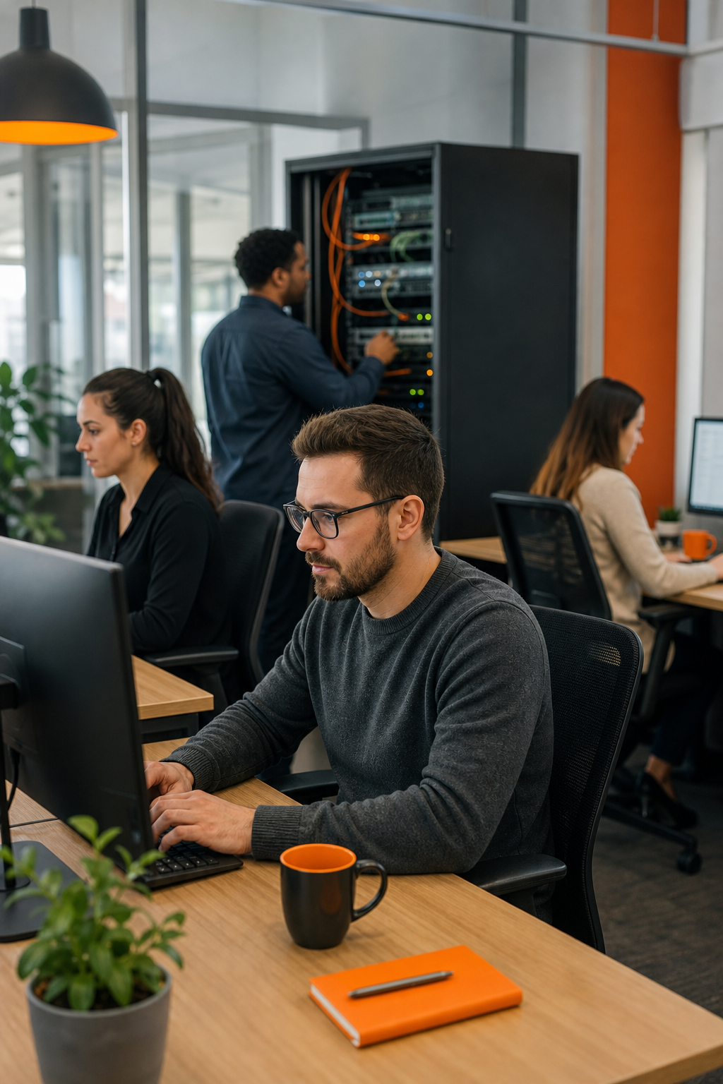 A photorealistic image of a modern office with a small team working on computers, with a network server rack in the background, symbolizing managed IT support. Alt: Small business team using managed IT services.