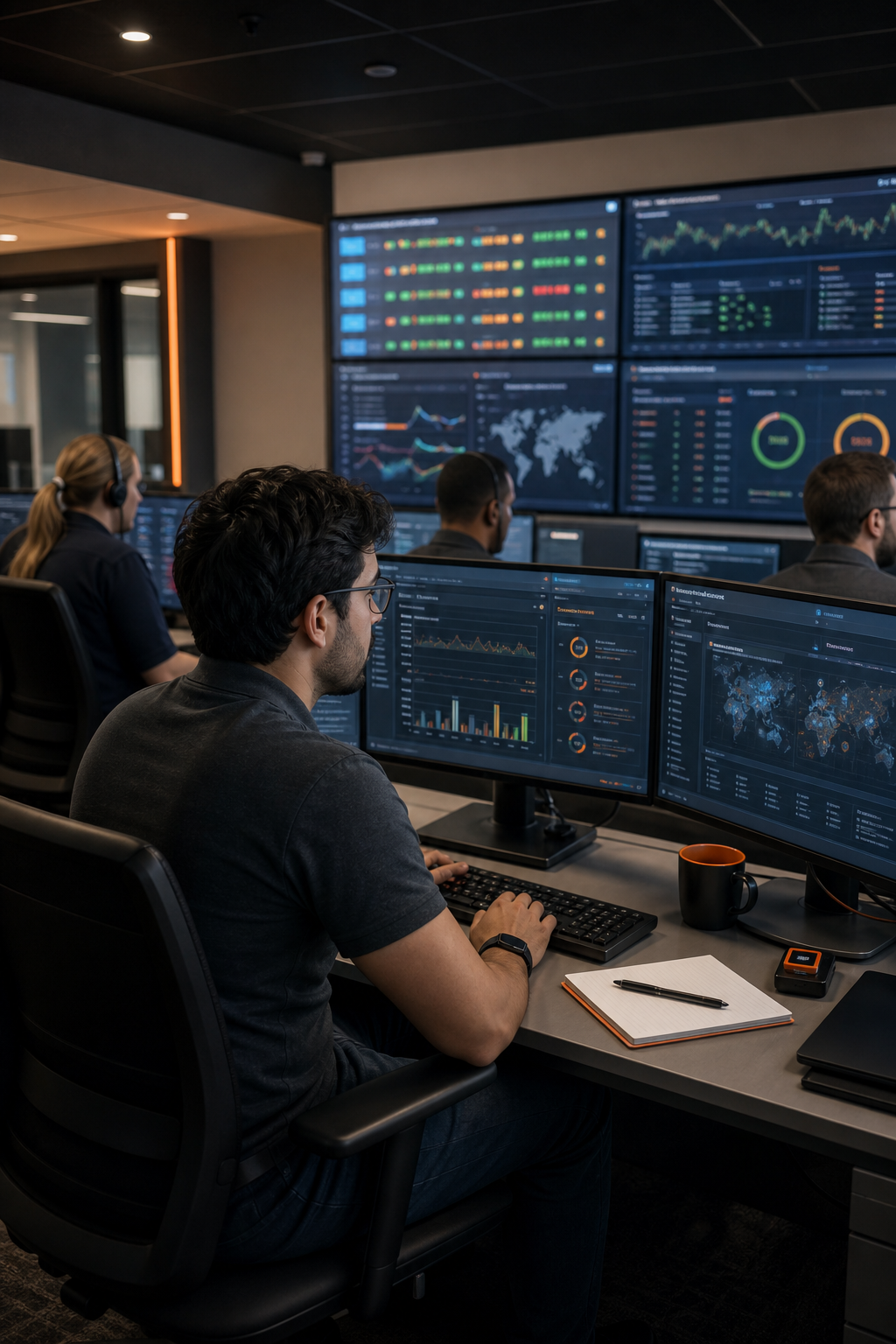 A photorealistic image of a network operations center with multiple monitors displaying system health dashboards, technicians monitoring alerts. Alt: Network operations center monitoring small business IT systems.