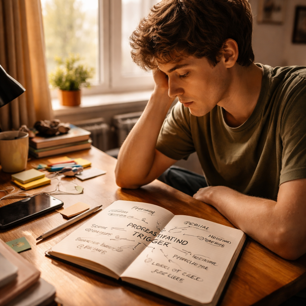 A photorealistic scene of a young person at a desk, looking at a notebook with scribbled trigger words, sunlight through a window, realistic style, reflecting focus and self‑reflection. Alt: Identify procrastination triggers for young adults.