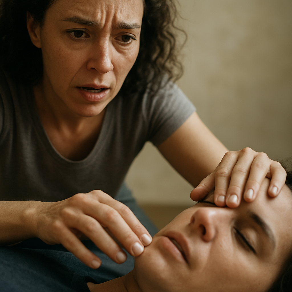 A close‑up of a worried family member checking a loved one’s pulse and pupils, showing concern and urgency. Alt: Recognizing overdose signs with family assistance