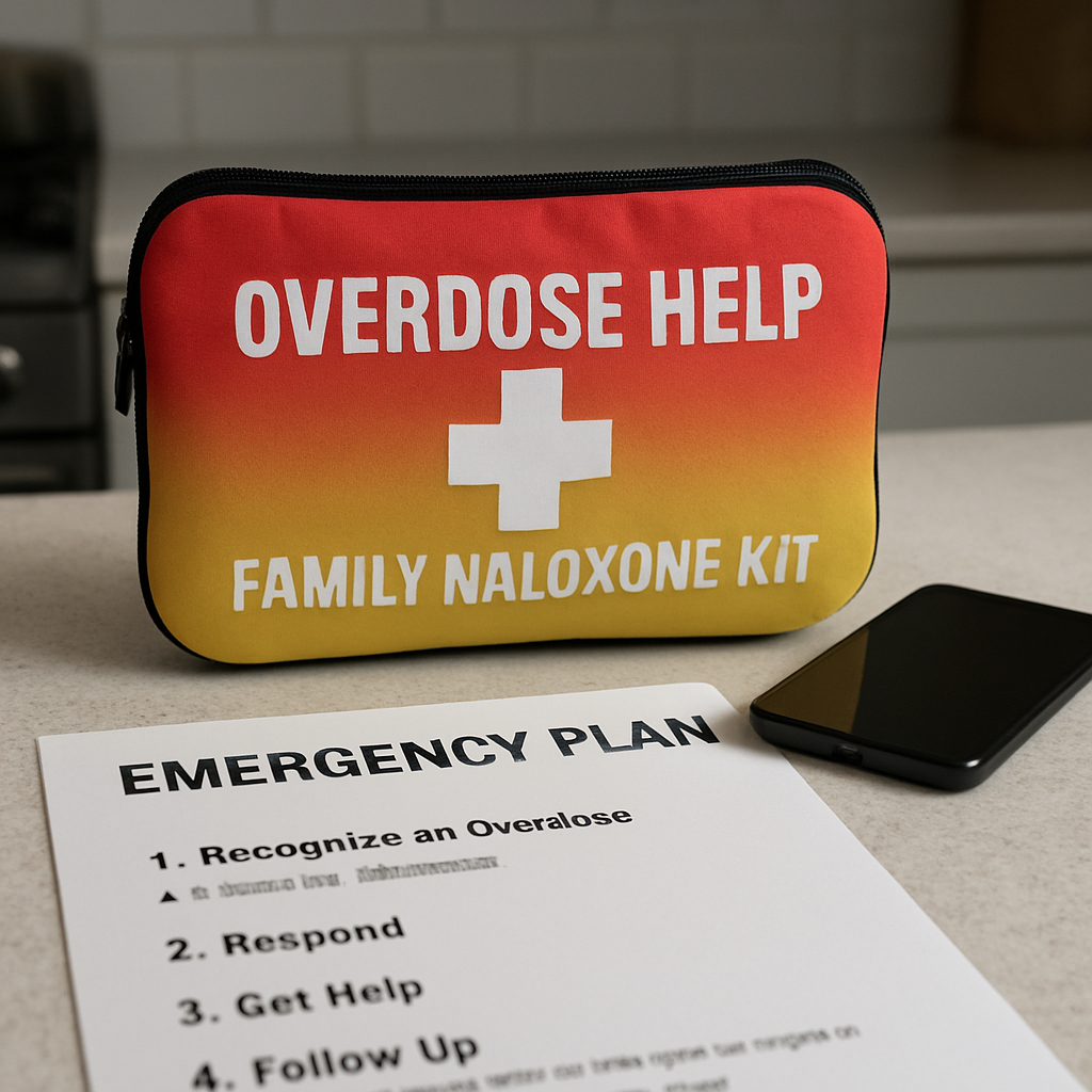 A close‑up of a kitchen counter with a colorful naloxone kit, a phone, and a printed emergency plan sheet. Alt: Overdose help – family naloxone kit and emergency plan on kitchen counter.