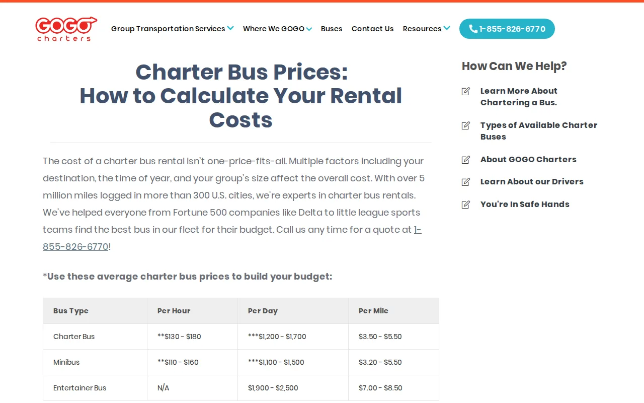 Screenshot of the GOGO Charters website