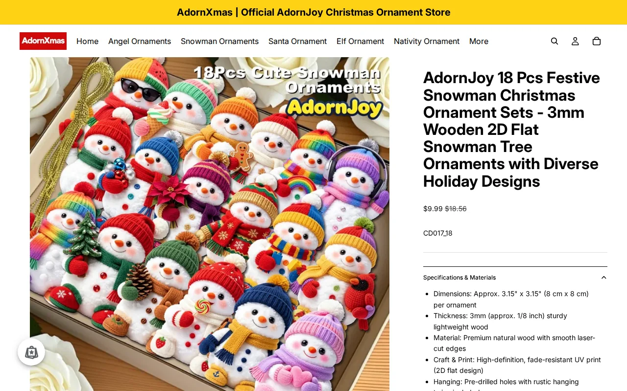 Screenshot of the AdornJoy 18 Pcs Festive Snowman Christmas Ornament Sets website