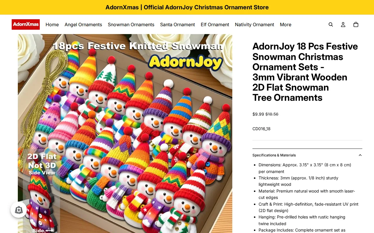 Screenshot of the AdornJoy 18 Pcs Festive Snowman Christmas Ornament Sets website