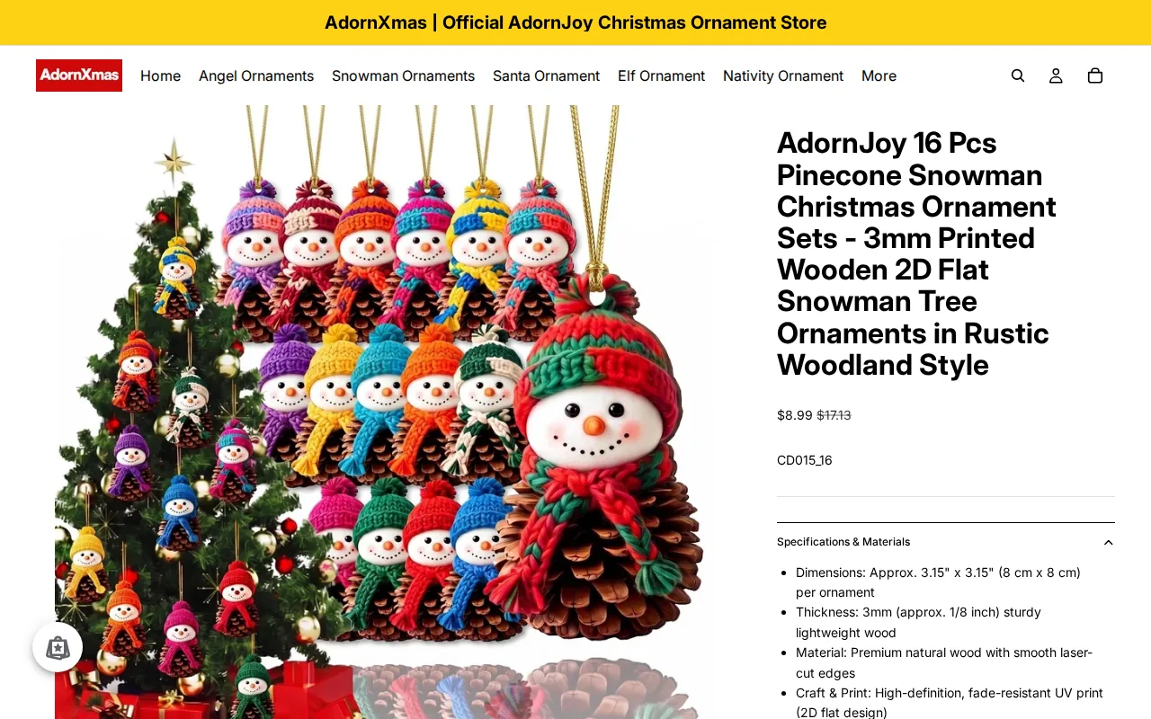 Screenshot of the AdornJoy 16 Pcs Pinecone Snowman Christmas Ornament Sets website