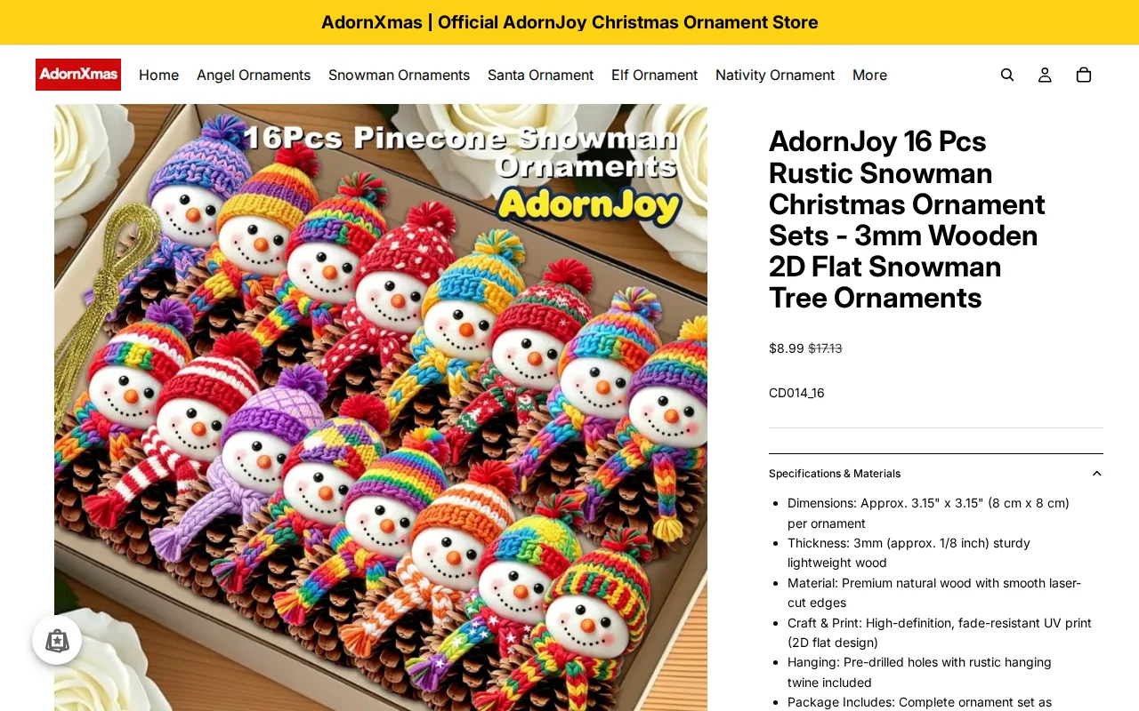 Screenshot of the AdornJoy 16 Pcs Rustic Snowman Christmas Ornament Sets website