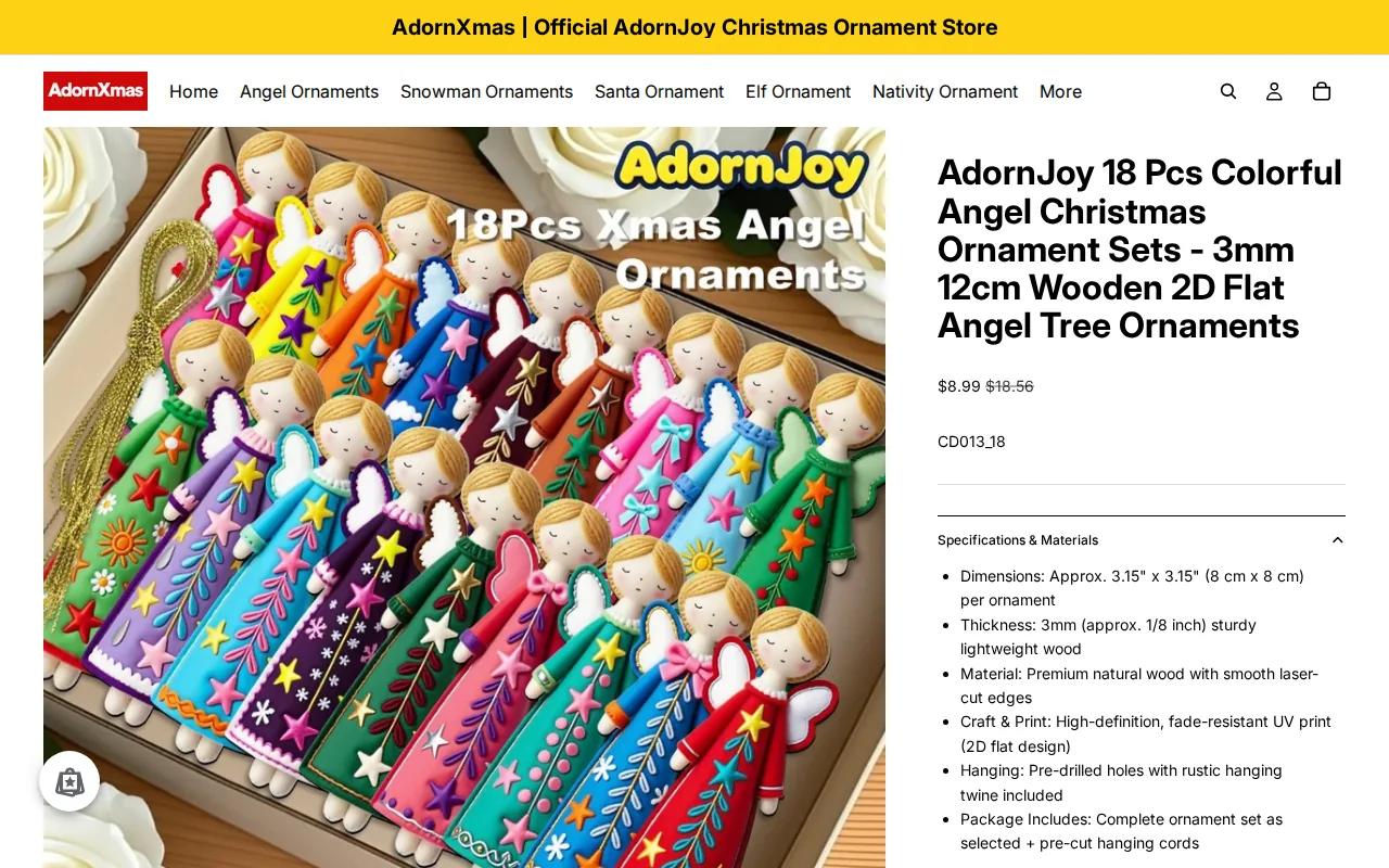 Screenshot of the AdornJoy 18 Pcs Colorful Angel Christmas Ornament Sets website