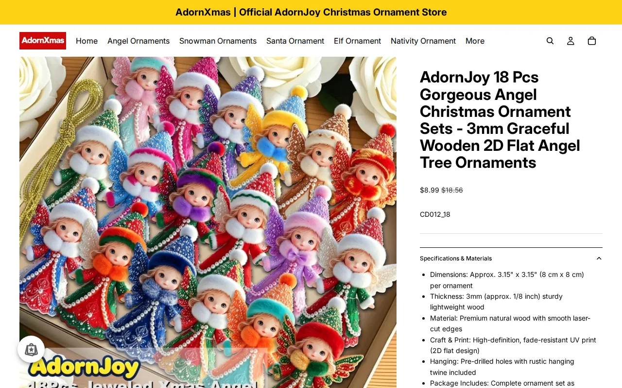 Screenshot of the AdornJoy 18 Pcs Gorgeous Angel Christmas Ornament Sets website