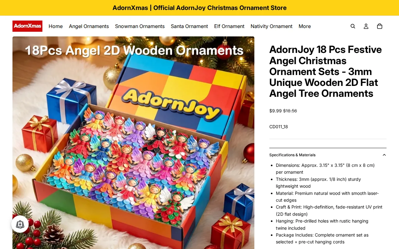 Screenshot of the AdornJoy 18 Pcs Festive Angel Christmas Ornament Sets website