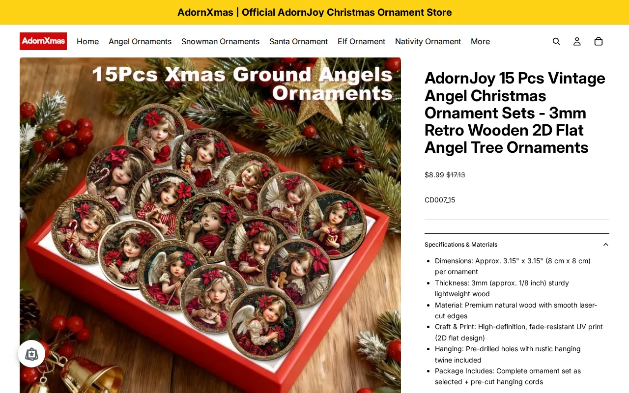 Screenshot of the AdornJoy 15 Pcs Vintage Angel Christmas Ornament Sets website