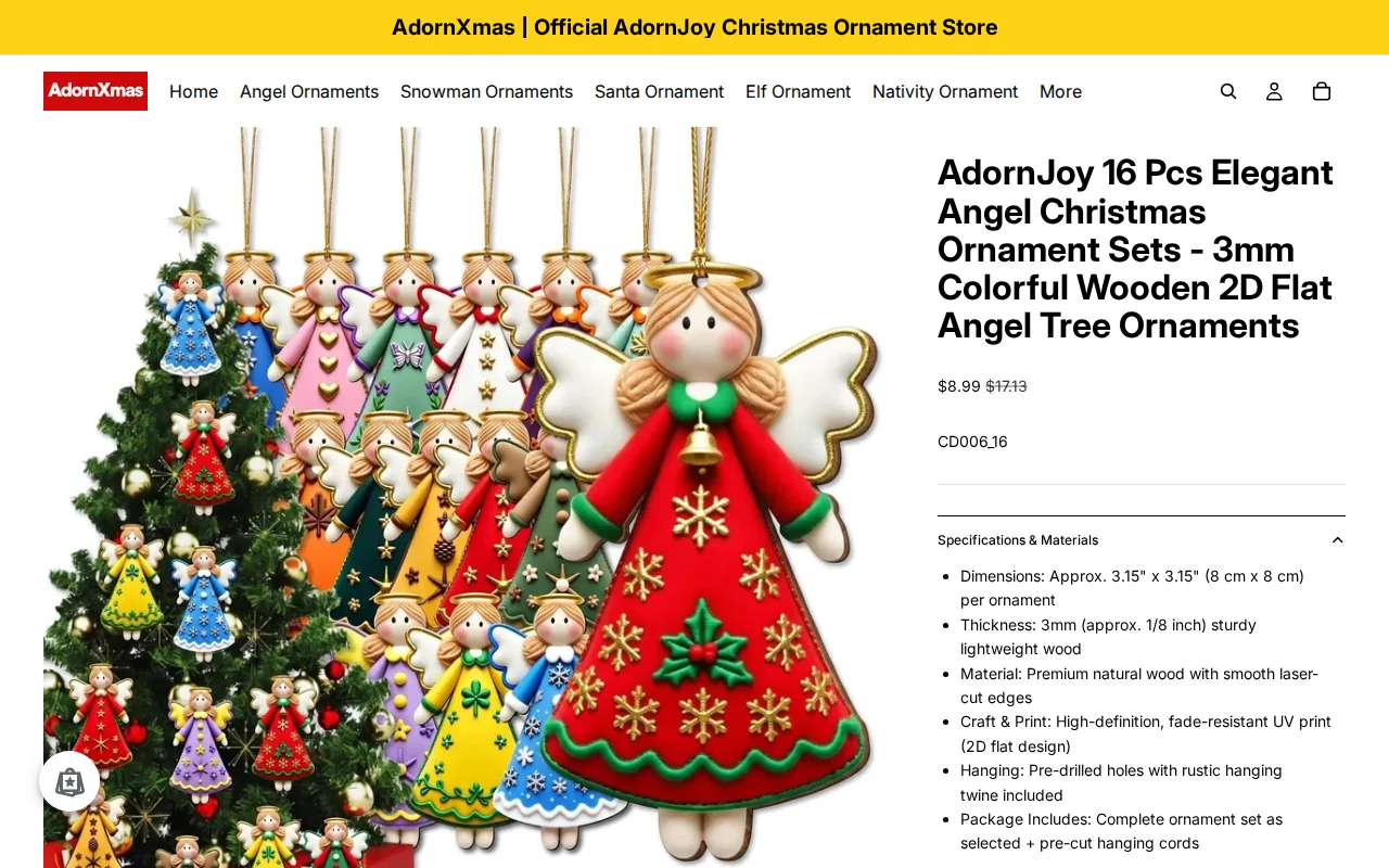 Screenshot of the AdornJoy 16 Pcs Elegant Angel Christmas Ornament Sets website