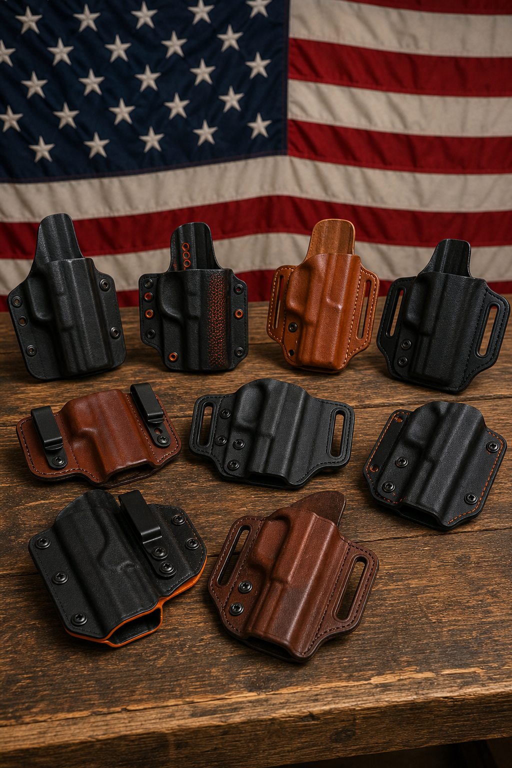 A photorealistic image of a variety of OWB holsters displayed on a wooden table, including kydex and leather styles, with an American flag in the background. Alt: OWB holsters for concealed carry displayed at 31 M Armory.