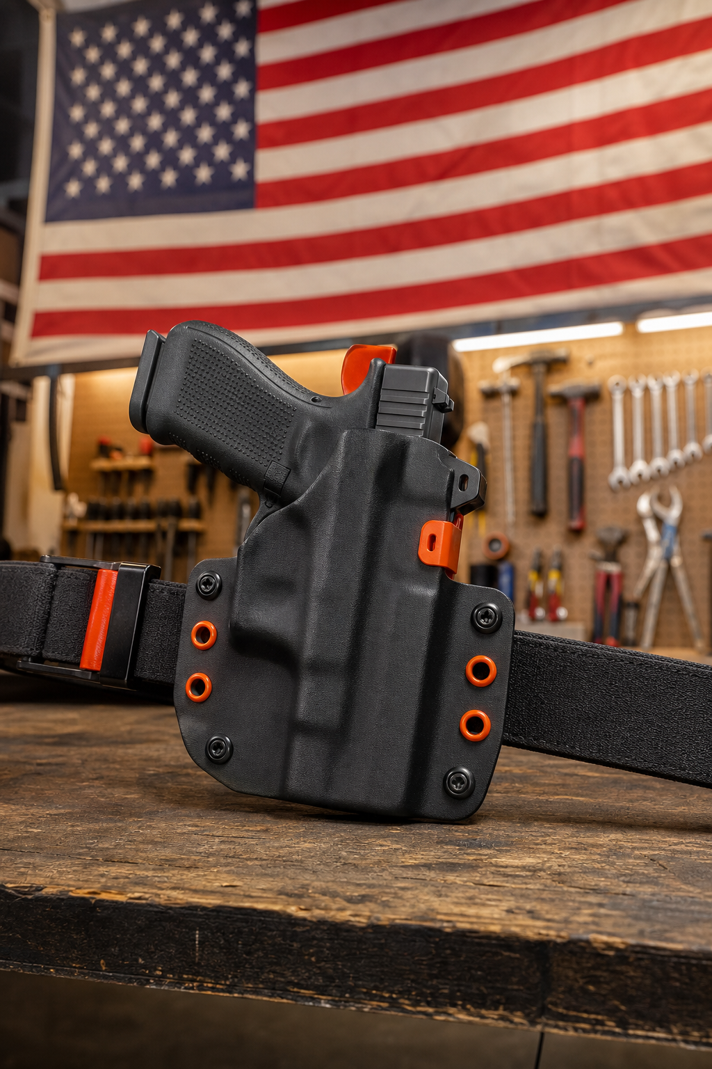 A photorealistic image of a custom kydex OWB holster attached to a belt, with a handgun partially inserted, in a well-lit workshop with American flags and tools on the wall. Alt: Custom American-made OWB kydex holster.