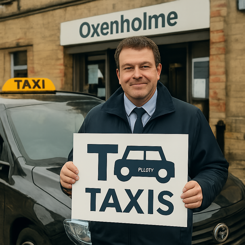 A friendly taxi driver waiting outside Oxenholme station with a sign showing the TTTaxes logo. Alt: Oxenholme station taxi waiting outside