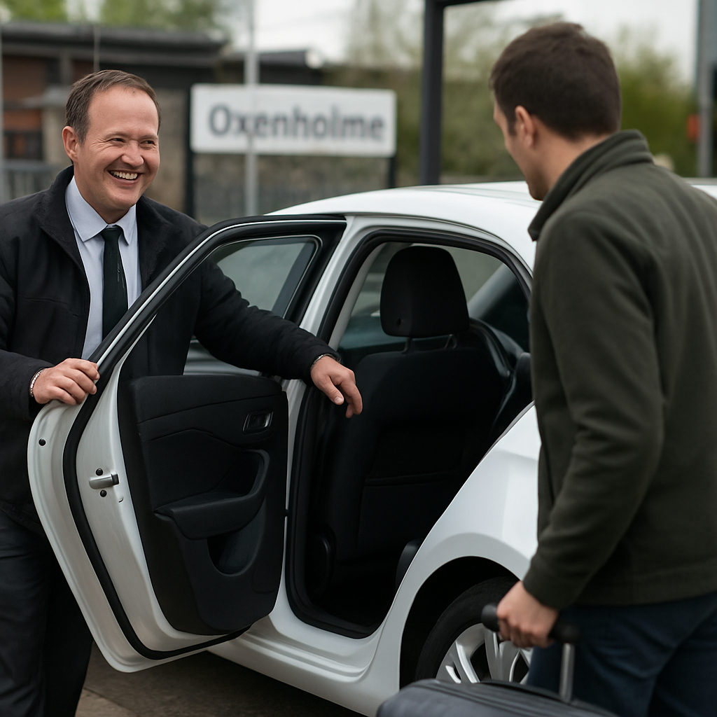 A friendly TTTaxis driver opening the rear door of a clean, well‑lit car for a traveller with luggage at Oxenholme station, showing safety features like seatbelts and a visible vehicle registration plate. Alt: Oxenholme station taxi safety and smooth ride tips.