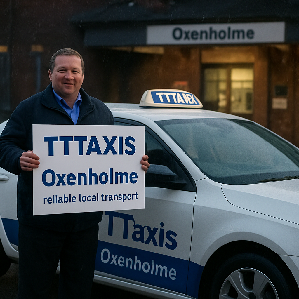 A friendly TTTaxis driver waiting at Oxenholme station with a sign and a tidy cab, rainy evening, showing the blue‑white branding. Alt: Oxenholme taxis reliable local transport.