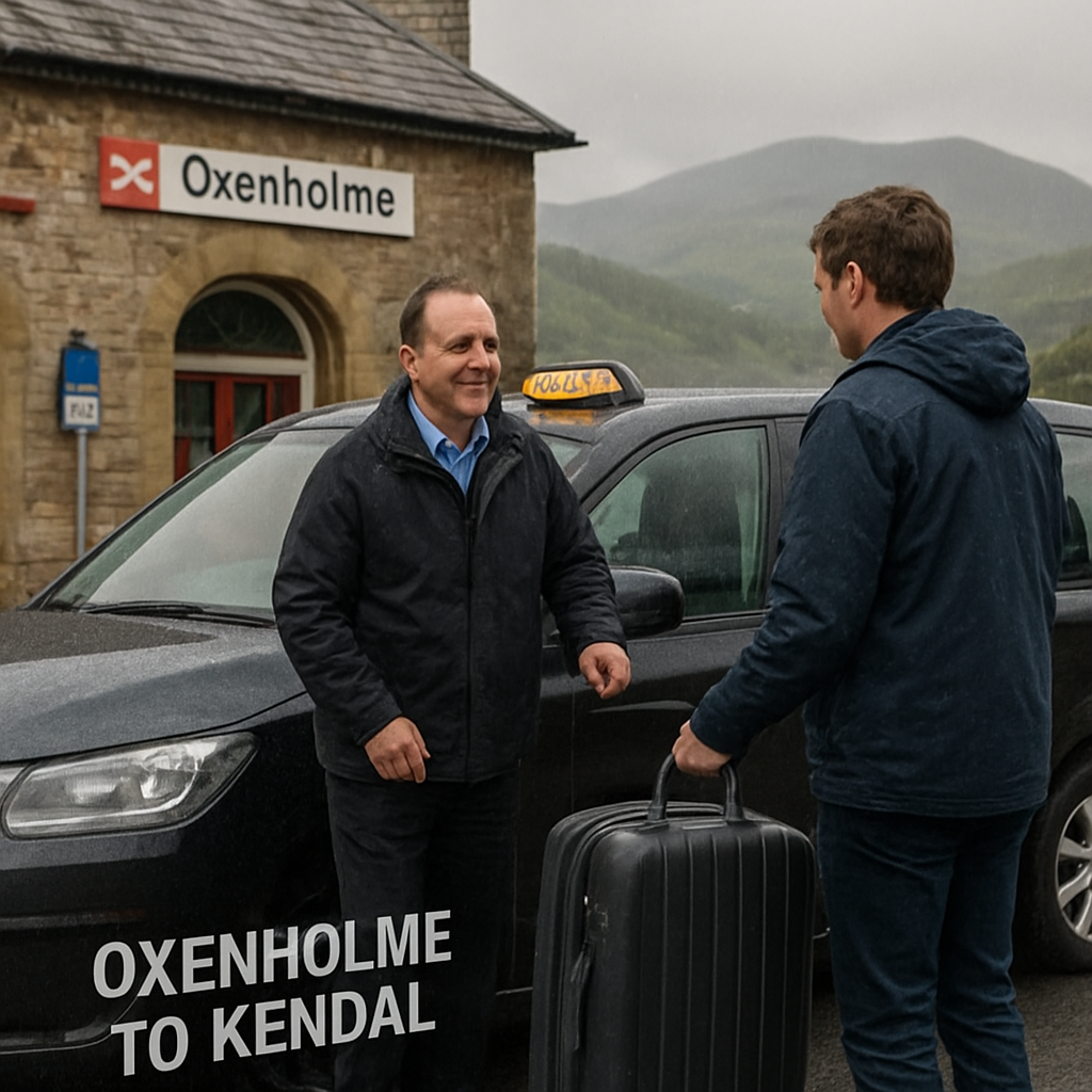 A friendly taxi driver helping a passenger with luggage outside Oxenholme station, the vehicle parked under a rainy sky, with the Lake District hills visible in the background. Alt: Oxenholme to Kendal taxi service