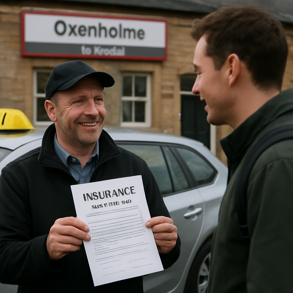 A friendly taxi driver showing insurance documents to a passenger at Oxenholme station. Alt: oxenholme to kendal taxi safety insurance verification