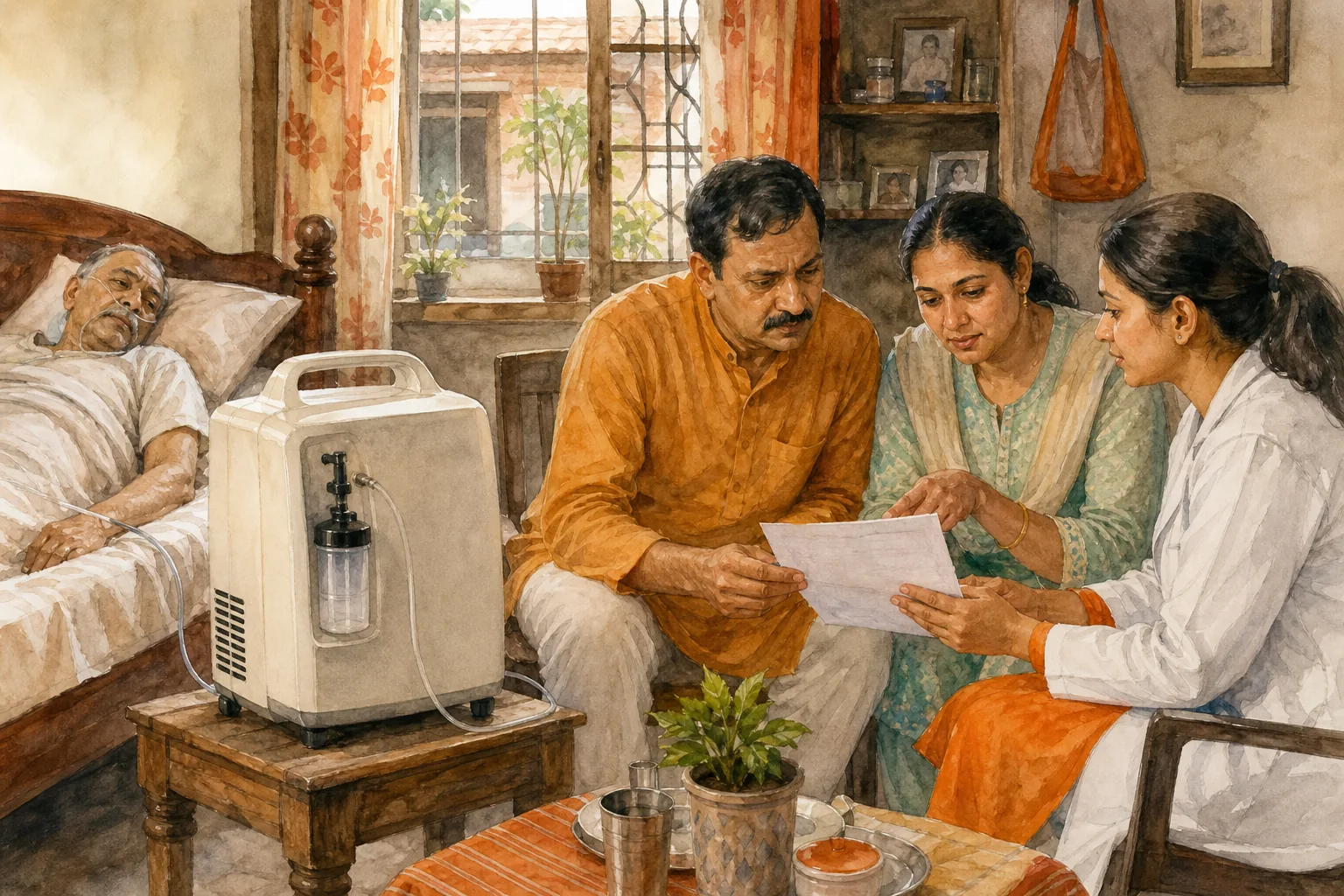 Family checking prescribed oxygen concentrator type and capacity at home in India.