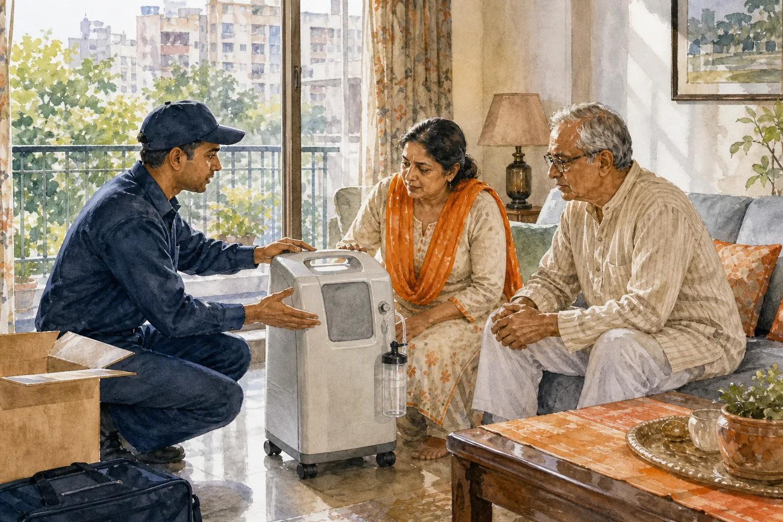 Oxygen concentrator rental delivery and setup in a North Indian home.