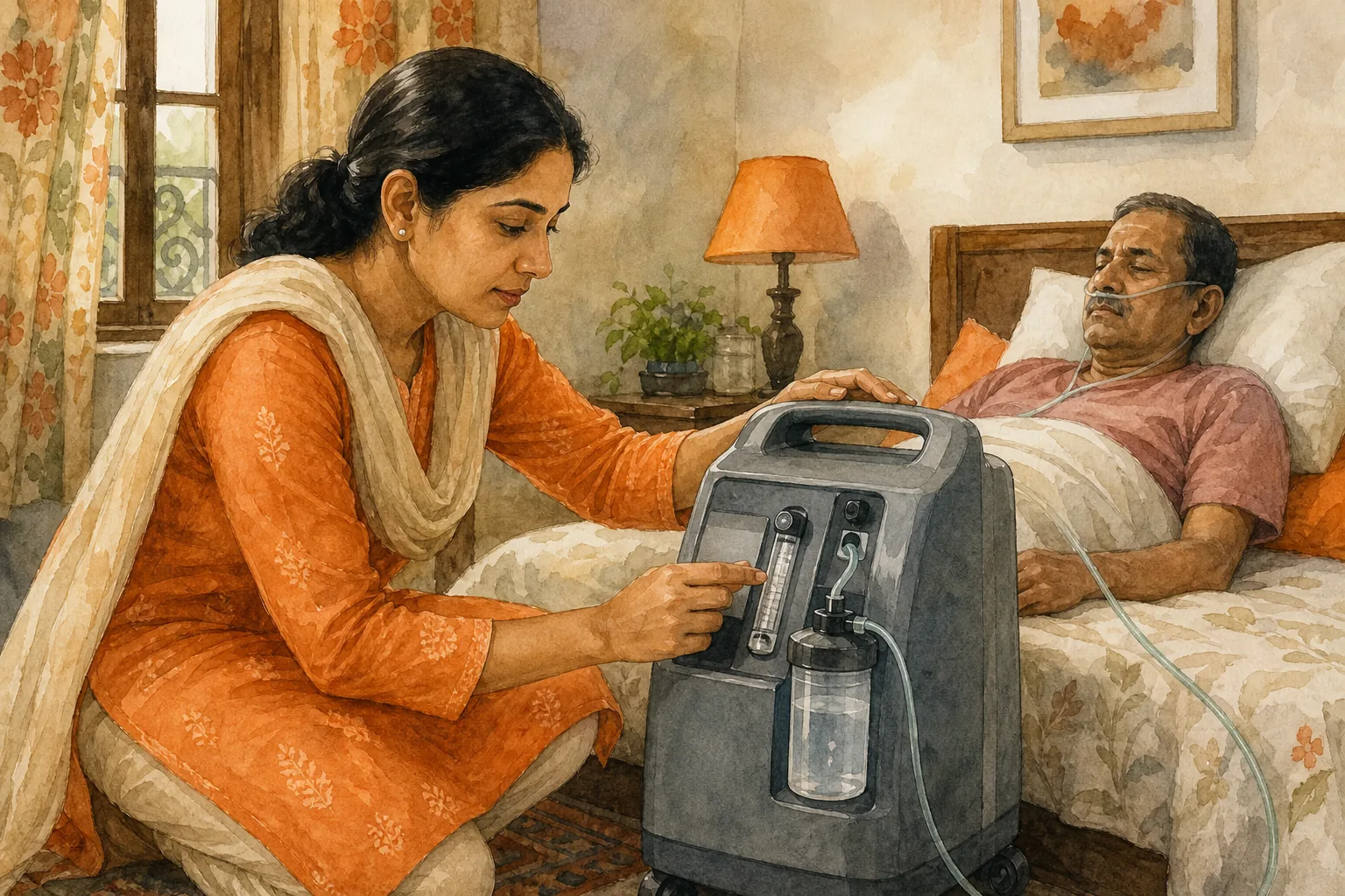 Caregiver checking the prescribed oxygen concentrator flow setting at home.