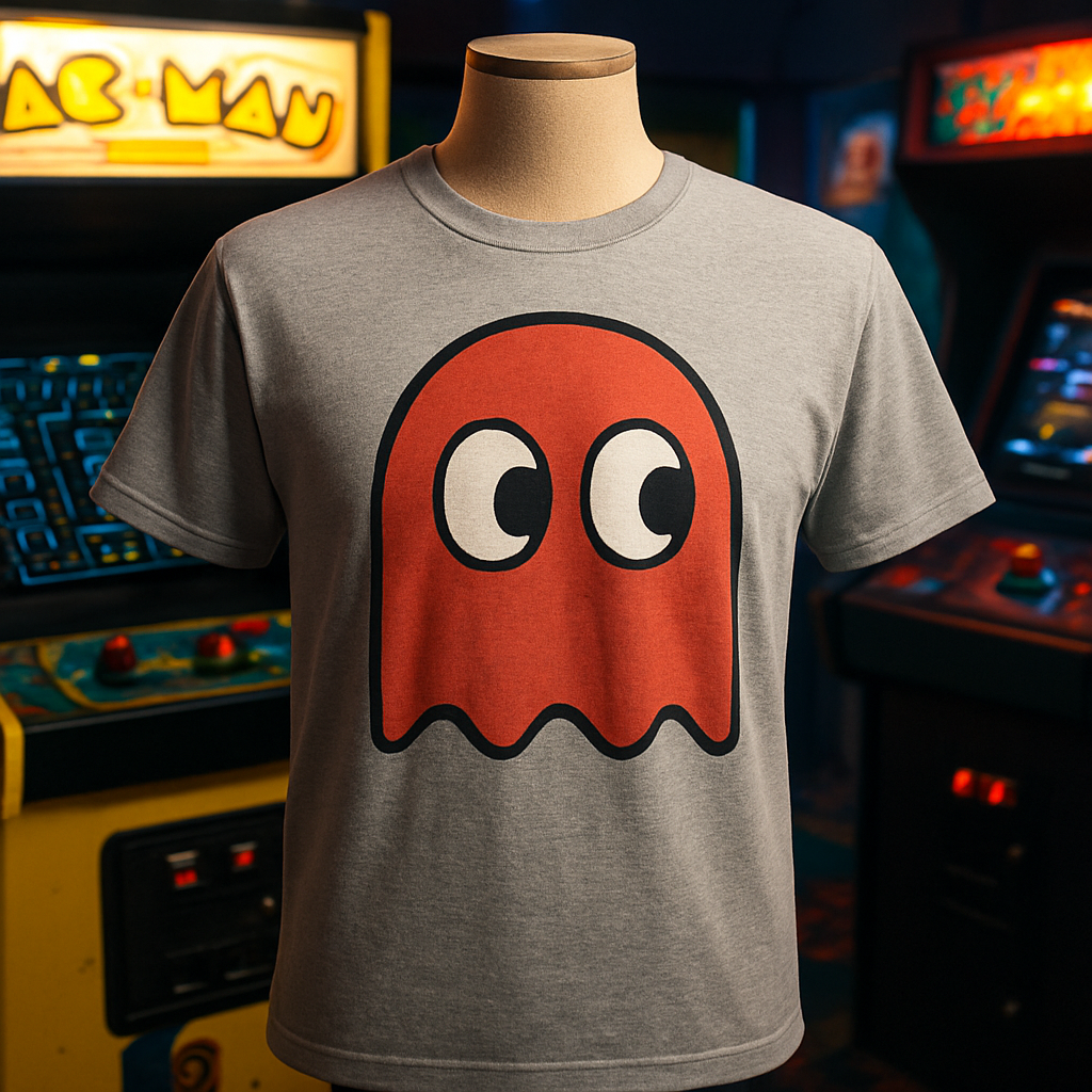 A stylized AI‑generated illustration of a Pac‑Man ghost graphic on a soft‑cotton t‑shirt, displayed on a mannequin against a retro arcade backdrop. Alt: pac man ghost t shirt graphic design on cotton tee