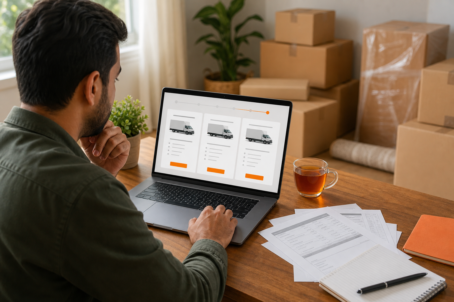 A person sitting at a table with a laptop and papers, comparing multiple moving quotes, with a cup of tea. Alt: Comparing moving quotes online to find the best packers and movers cost.