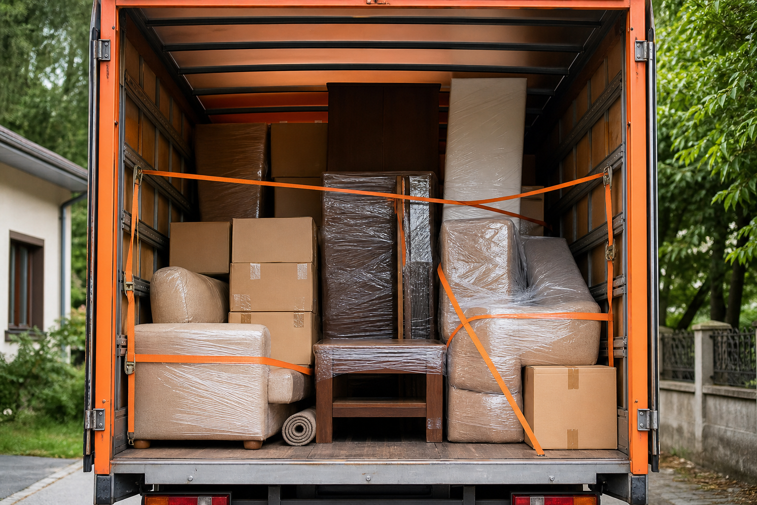 A loaded moving truck inside with furniture and boxes securely strapped, ready for transit. Alt: Safe loading of household goods by packers and movers in Dehradun.