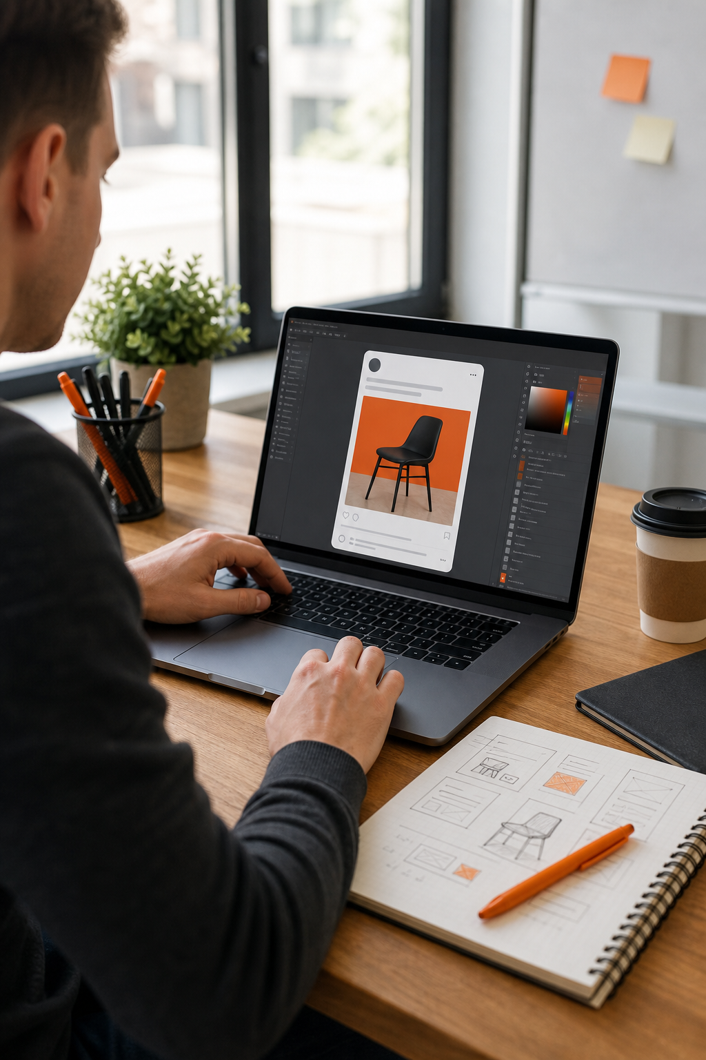A photorealistic scene of a marketer designing an ad on a laptop with a coffee cup and a notepad showing creative ideas. The screen displays a social media ad mockup. Bright modern office. Alt: Designing effective paid social ad creatives on a laptop