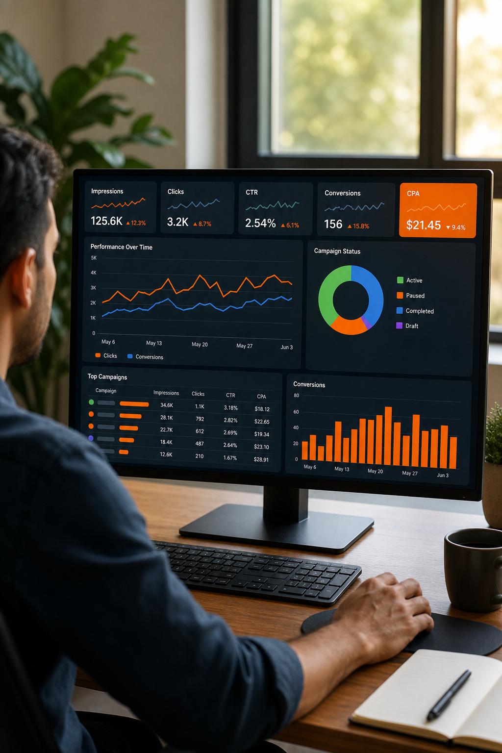 A dashboard showing real-time analytics for social media ad campaigns with colourful graphs and key metrics like impressions, CTR, CPA highlighted. Alt: Monitoring and optimizing paid social ad performance dashboard