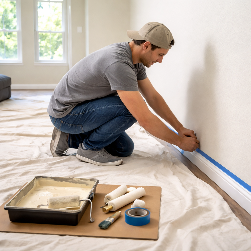 A photorealistic scene of a homeowner in a bright, empty living room, carefully applying painter's tape to the edge of a wall, with drop cloths covering the floor and a tray of rollers and brushes neatly arranged on a cardboard sheet. Alt: Preparing a room for painting, step-by-step guide.