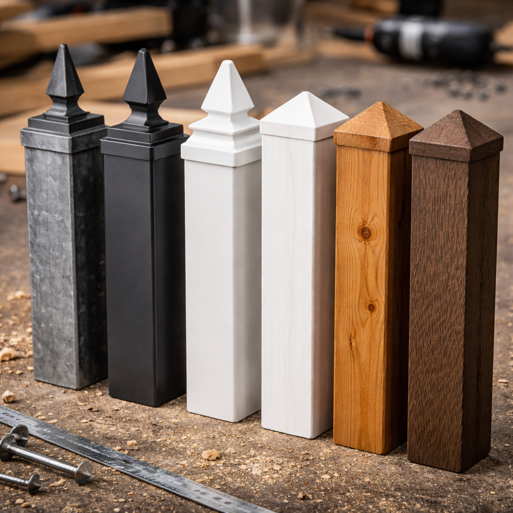 Close-up of different fence material samples ,  steel, aluminum, PVC, wood, composite ,  arranged on a workbench, realistic lighting, detailed textures. Alt: comparison of fence materials for palisade fencing