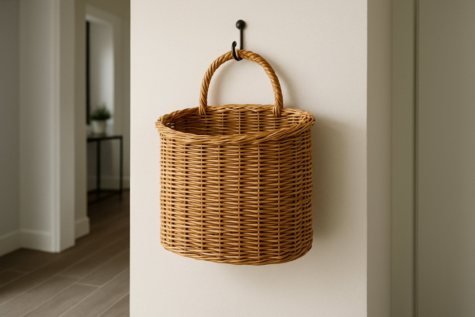 Un panier osier mural suspendu dans une entrée moderne, rangement naturel et esthétique. Alt: Panier osier mural élégant pour rangement pratique.