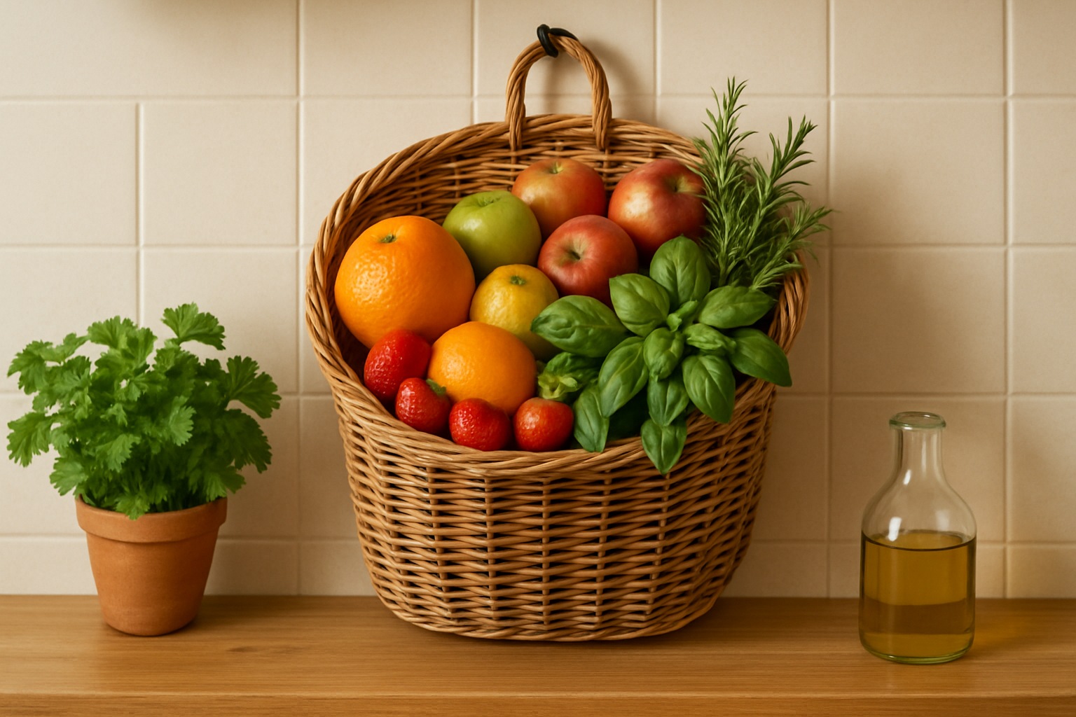 Panier osier mural dans une cuisine avec fruits et herbes aromatiques. Alt: Rangement mural en panier osier pour cuisine fonctionnelle et déco.