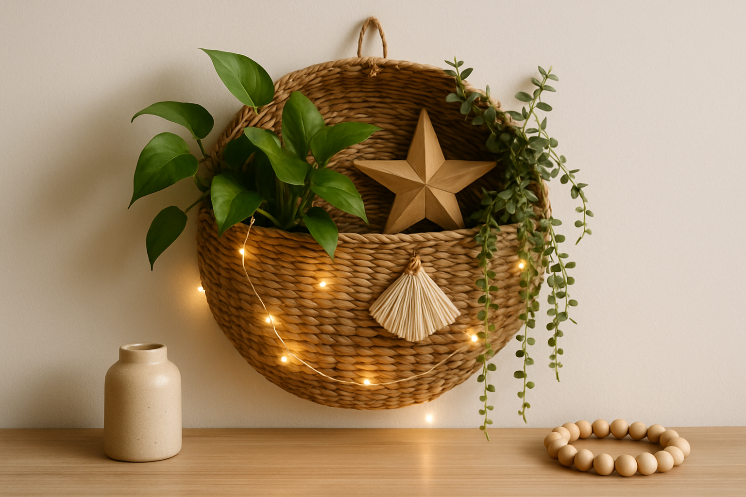 Panier osier mural décoré avec des plantes vertes, guirlande lumineuse et accessoires déco. Alt: Panier osier mural décoratif dans un intérieur moderne et naturel.