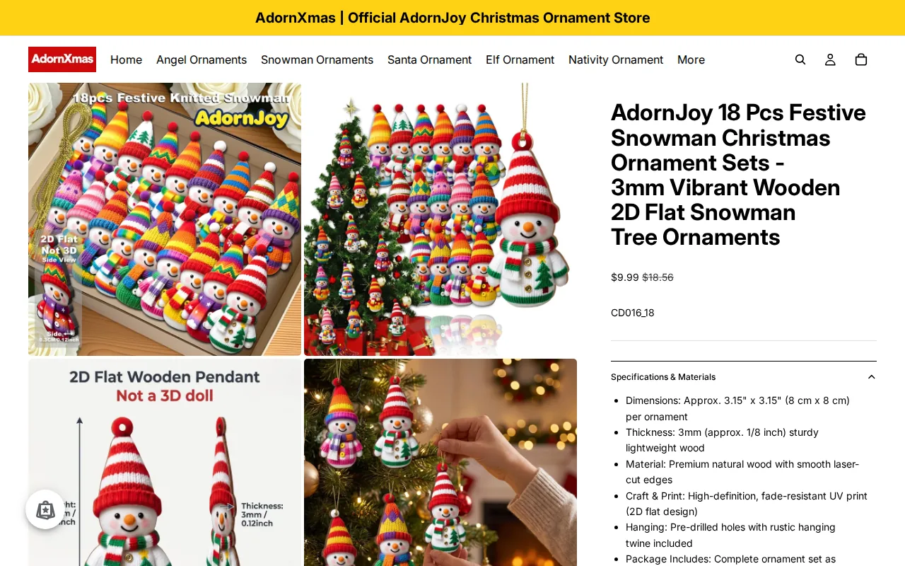 Screenshot of the AdornJoy 18 Pcs Festive Snowman Christmas Ornament Sets website