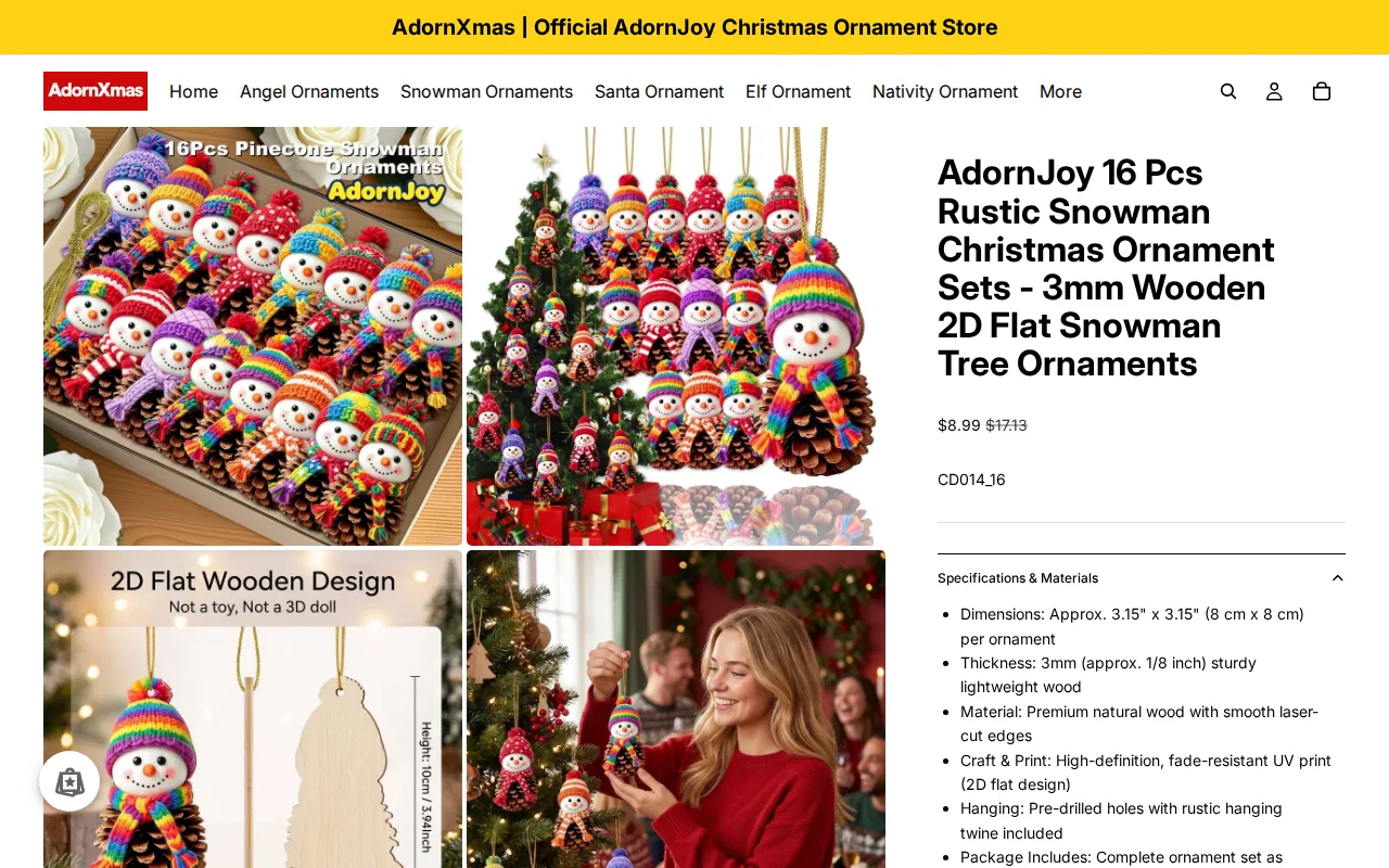 Screenshot of the AdornJoy 16 Pcs Rustic Snowman Christmas Ornament Sets website