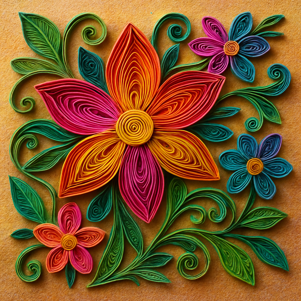 A vibrant quilled floral design with layered colors and textured background. Alt: paper quilling color texture detail