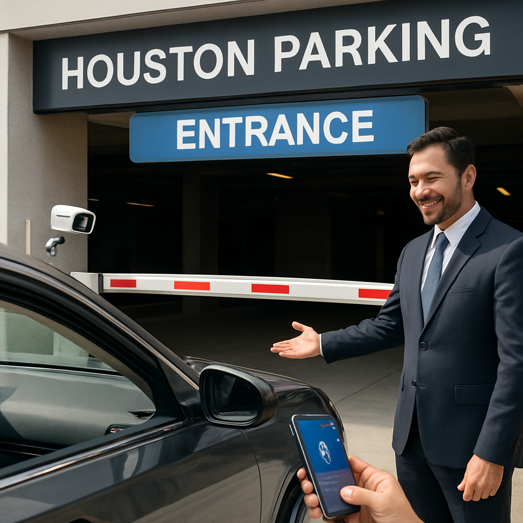 A photorealistic image of a modern Houston parking garage entrance, showing a license‑plate recognition camera, a digital gate lifting automatically as a driver taps a smartphone app, with a professional attendant smiling and guiding a car, bright daylight, sleek signage. Alt: Automated parking technology in action at a Houston venue.