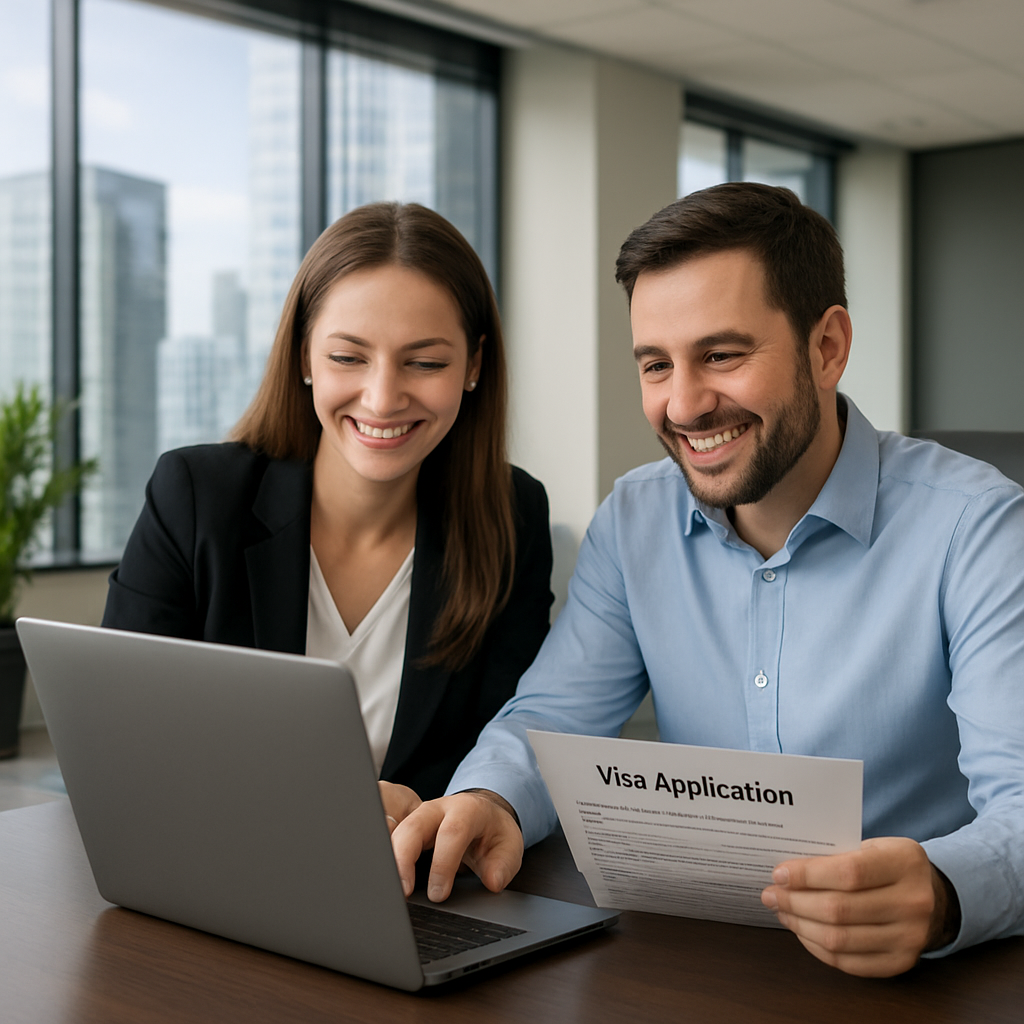 A sleek office space inside a UAE free zone with a happy expatriate couple reviewing visa documents on a laptop. Alt: Partner visa process UAE free zone company – choosing the right structure