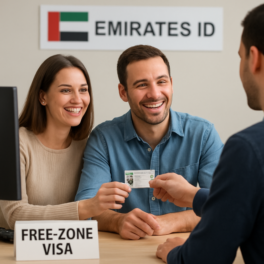 A happy expatriate couple receiving their Emirates ID at a free‑zone visa desk. Alt: Partner visa post‑approval steps UAE free zone.