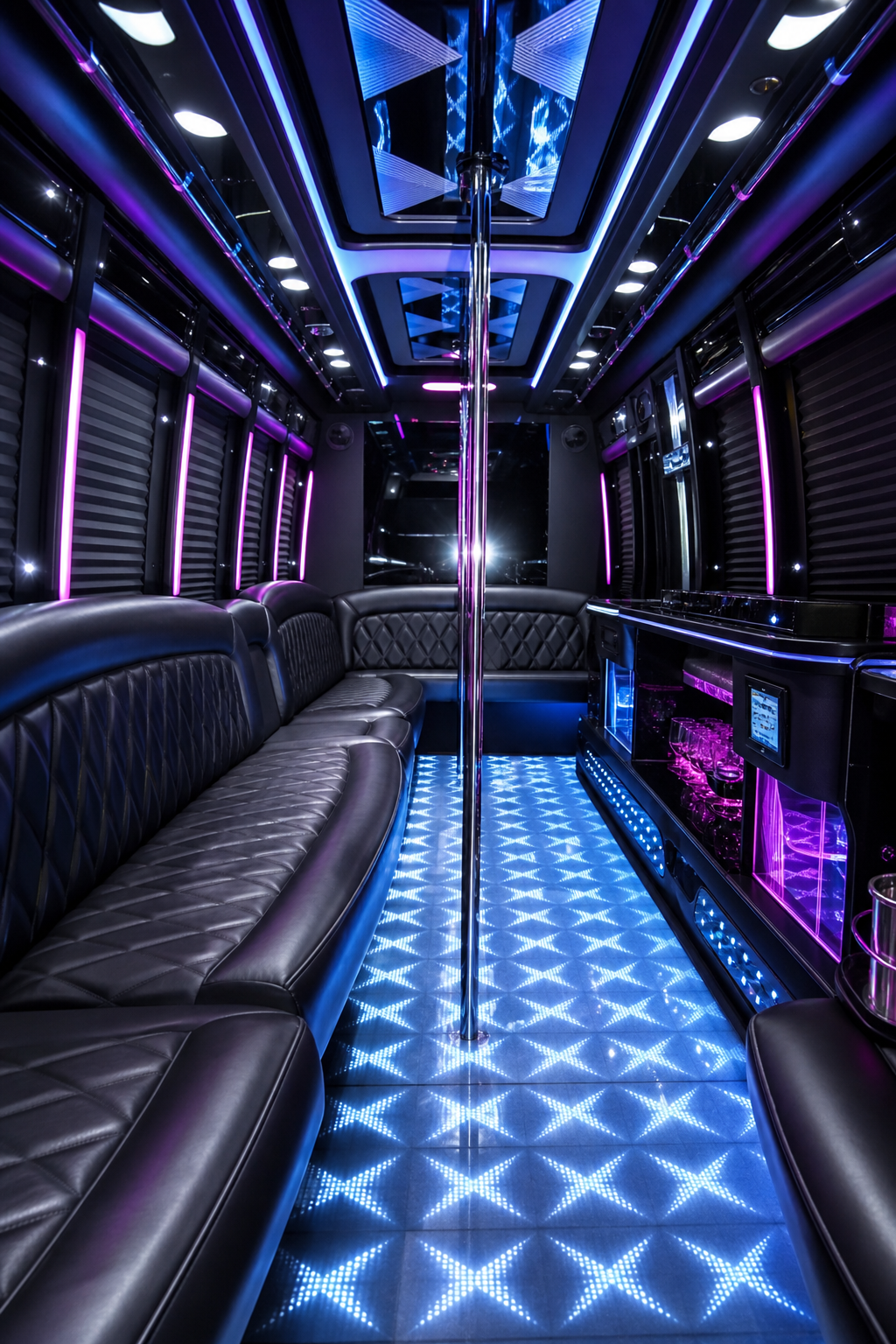 A photorealistic interior of a luxury party bus with leather seating, neon lights, and a dance floor. Alt: Party bus interior with LED lights and seating