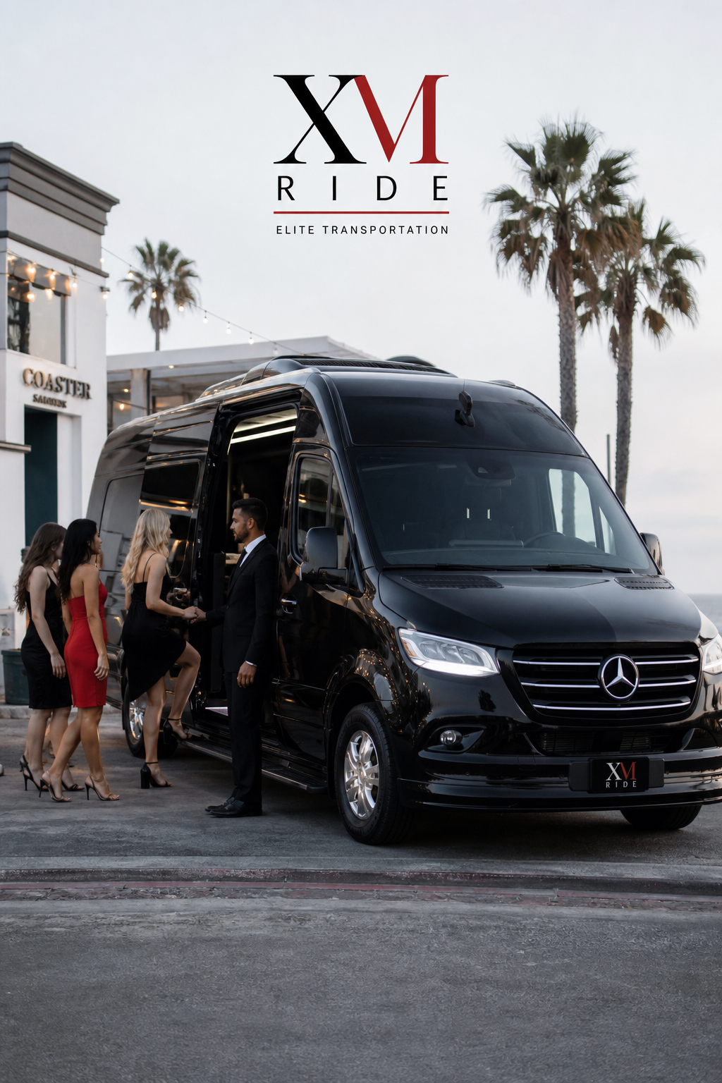 A photorealistic image of a modern luxury Mercedes Sprinter van parked outside a San Diego beachside venue, with a professional chauffeur holding the door open for a group of well-dressed guests. Alt: Luxury party bus San Diego with professional chauffeur
